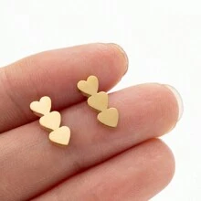 1Pair Stainless Steel Triple Heart Earrings  Golden Color Classic Simple Earrings For Women - Black - View 4
