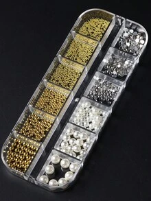 1 Box 12 Grids Natural Round Pearls, Transparent Rhinestones, Golden Metal Bead Mixed Size Faux Pearl Nail Art Decoration DIY Charms Jewelry For Manicure Accessories - Multicolor - View 3