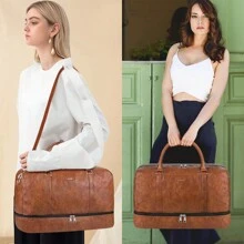 通用款周末旅行者隨身行李袋,附帶隨身行李袋,防水鞋格,皮革手提運動袋,商務旅行旅行袋,健身袋,校園用大袋,假期用的復古豪華旅行套件,旅行用品,旅行組織袋,旅行必備配件 - 棕色 - 查看 5