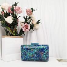 跨境時尚多彩珍珠母貝亞克力手拿包,具歐美風格派對手提袋,內襯亞麻大箱型手拿包 - 藍色 - 查看 2