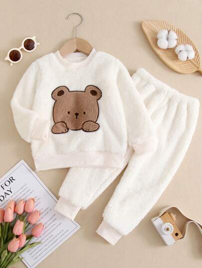 2 件套年轻女孩可爱简约熊和花卉印花珊瑚绒保暖睡衣和家居服秋冬季