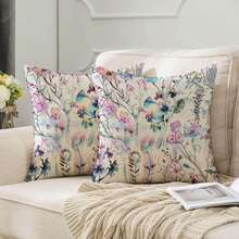 2pcs/Set Rural Style Linen Square Pillowcase With Leaf & Floral Design, Home Decor Cushion Cover (Without Pillow Core) - Pink - View 2