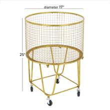 Gold Metal Deep Set Metal Mesh Laundry Basket Storage Cart with Wheels - Gold - View 4