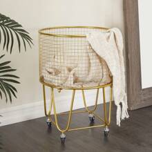Gold Metal Deep Set Metal Mesh Laundry Basket Storage Cart with Wheels - Gold - View 1