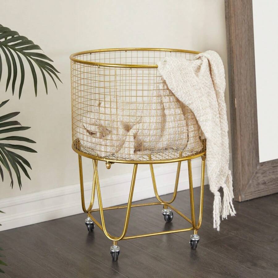 Gold Metal Deep Set Metal Mesh Laundry Basket Storage Cart with Wheels - Gold - View 1