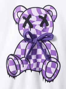 Young Girl Cartoon Pattern Printed Round Neck Sportswear And Split Hem Pants - Purple - View 4