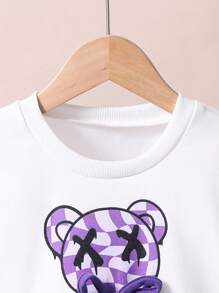 Young Girl Cartoon Pattern Printed Round Neck Sportswear And Split Hem Pants - Purple - View 3