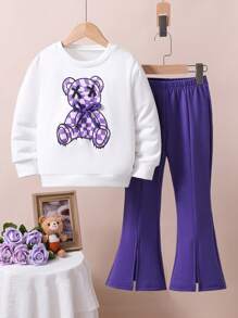 Young Girl Cartoon Pattern Printed Round Neck Sportswear And Split Hem Pants - Purple - View 1