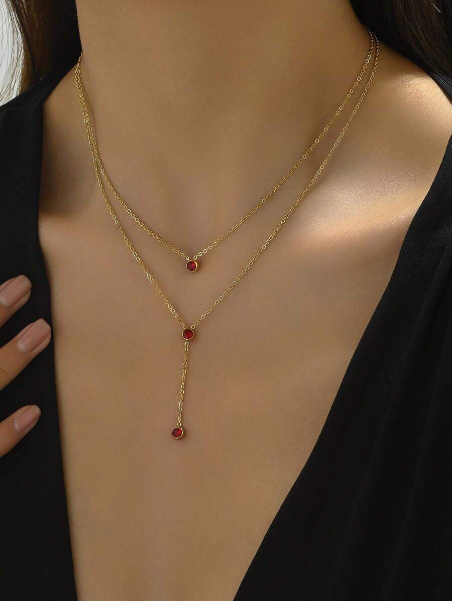 方晶鋯石裝飾多層吊墜項鍊 - 酒紅色 - 查看 1