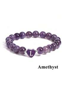 1pc 26 Letter A-Z Initial Heart Shape Crystal Bracelets 8MM Real Natural Stone Beads Amethysts Obsidian Sodalite Rose Quartz Bracelet For Couple - Purple - View 9