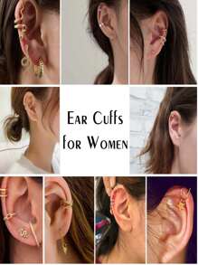 20入組男女通用無洞夾式軟骨包耳環,蛇形花卉羽毛可調節耳夾,假軟骨耳環 - 黑色 - 查看 5