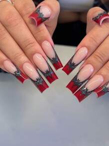 24pcs Black Glitter Bat French Tip Nail Tips With Red Edge Coffin Shape False Nails - Multicolor - View 1