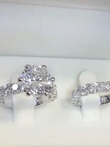 2 Cái/Bộ Mạ bạc Đám cưới cô dâu Nhẫn Đối với phụ nữ Hôn ước Qủa tặng Đồ trang sức - Bạc - Xem 1