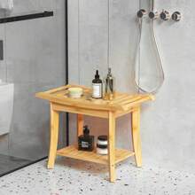 Bamboo Shower Bench with Storage Shelf ,Waterproof Anti-Slip Shower Stool for Shaving Legs or Spa Bath Seat in Bathroom & Inside Shower for Adults Seniors Elder - Tự nhiên - Xem 2