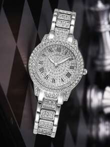 7pcs Ladies Watch Silver Rhinestone Decorated Ladies' Alloy Quartz Watch With Stainless Steel Strap, Business Casual Style, Roman Numeral Face, Comes With Alloy Bracelet, Necklace, Ring & Earrings Set - Silver - View 2
