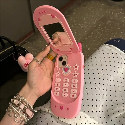 1 件韩国可爱 3D 热粉色大手机模型翻盖镜面硅胶手机壳适用于 16 15 14 13 12 Pro Max 11 防震软保护套礼物