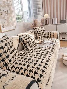 1入 厚款仿針織秋冬沙發坐墊套，簡約時尚的犬牙紋沙發墊，適用於家居裝飾 - 黑色 - 查看 5