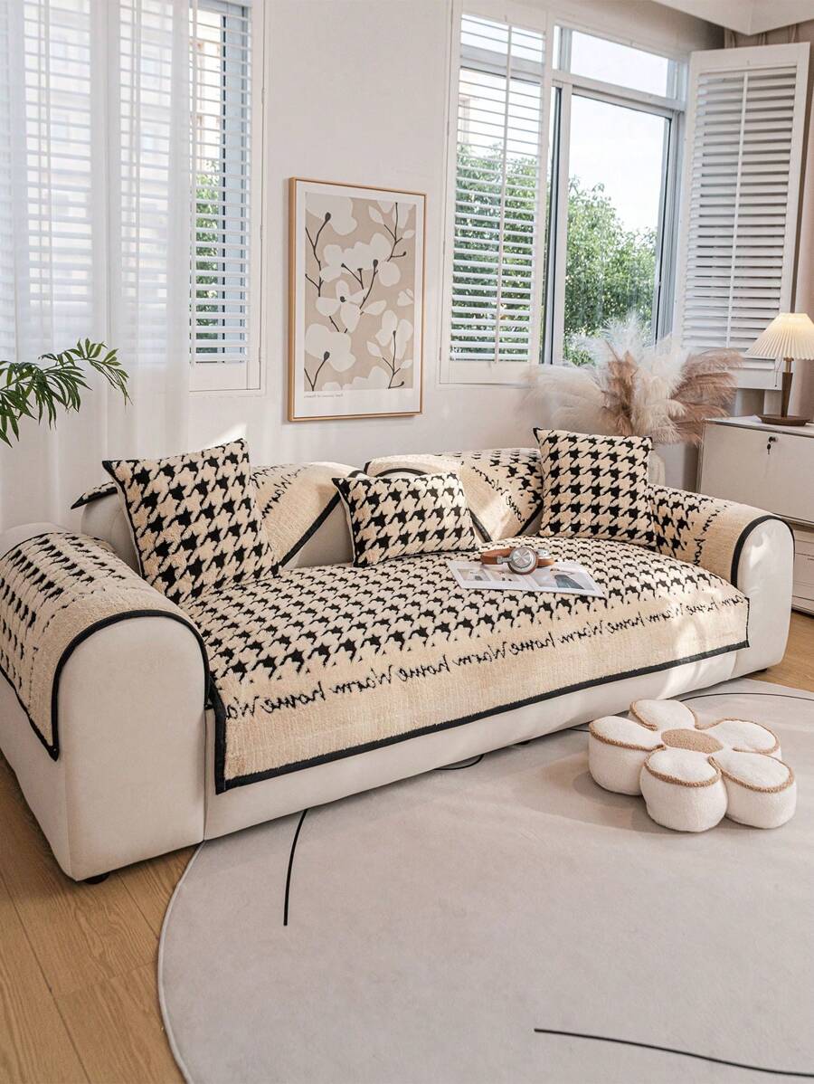 1入 厚款仿針織秋冬沙發坐墊套，簡約時尚的犬牙紋沙發墊，適用於家居裝飾 - 黑色 - 查看 1