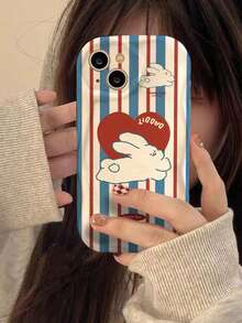 1pc Beige 3d Wavy - Red & Blue Rabbit Pattern Phone Case Compatible With IPhone - Multicolor - View 1