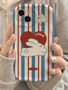 1pc Beige 3d Wavy - Red & Blue Rabbit Pattern Phone Case Compatible With IPhone - Multicolor - View 3