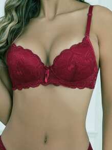 Ladies' Sexy Lace Bow Decor Bra, Lingerie - Burgundy - View 1