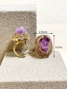 1pc Adjustable Gold Plated Ring With Asymmetric Clay Design, Natural Purple Crystal Cluster And Inlaid Rhinestone - Multicolor - View 3
