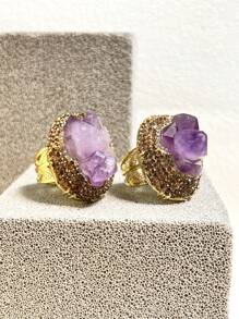 1pc Adjustable Gold Plated Ring With Asymmetric Clay Design, Natural Purple Crystal Cluster And Inlaid Rhinestone - Multicolor - View 5