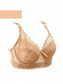 Sujetador de encaje floral con aros para mujer, sujetador de encaje floral, sexy, sin esponja, Las tallas son pequeñas. - Beis - Ver 3