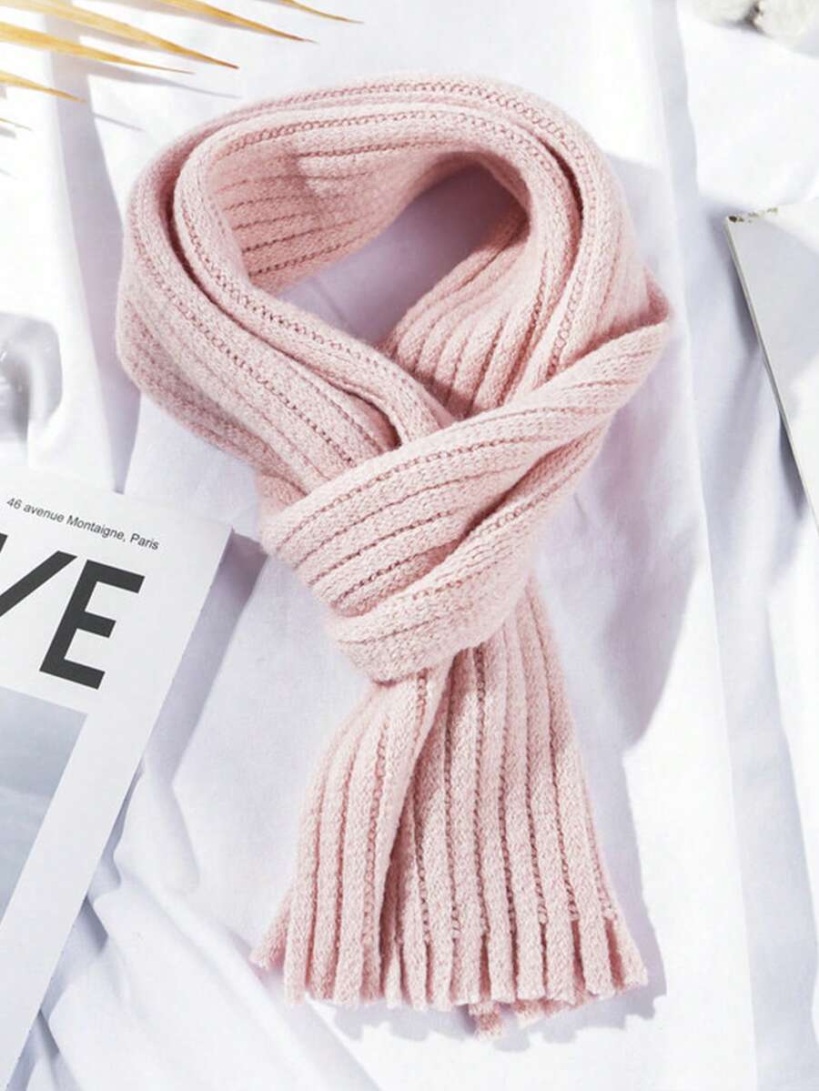 1條兒童加厚純色針織圍巾,秋冬季節保暖舒適,適用於日常生活 - 粉色 - 查看 1