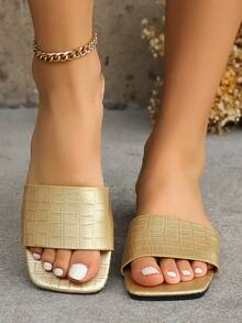 Women's Fashionable Simple Flat Slippers With Square Toe Soft Sole, Suitable For Indoor And Outdoor Use - Gold - View 4