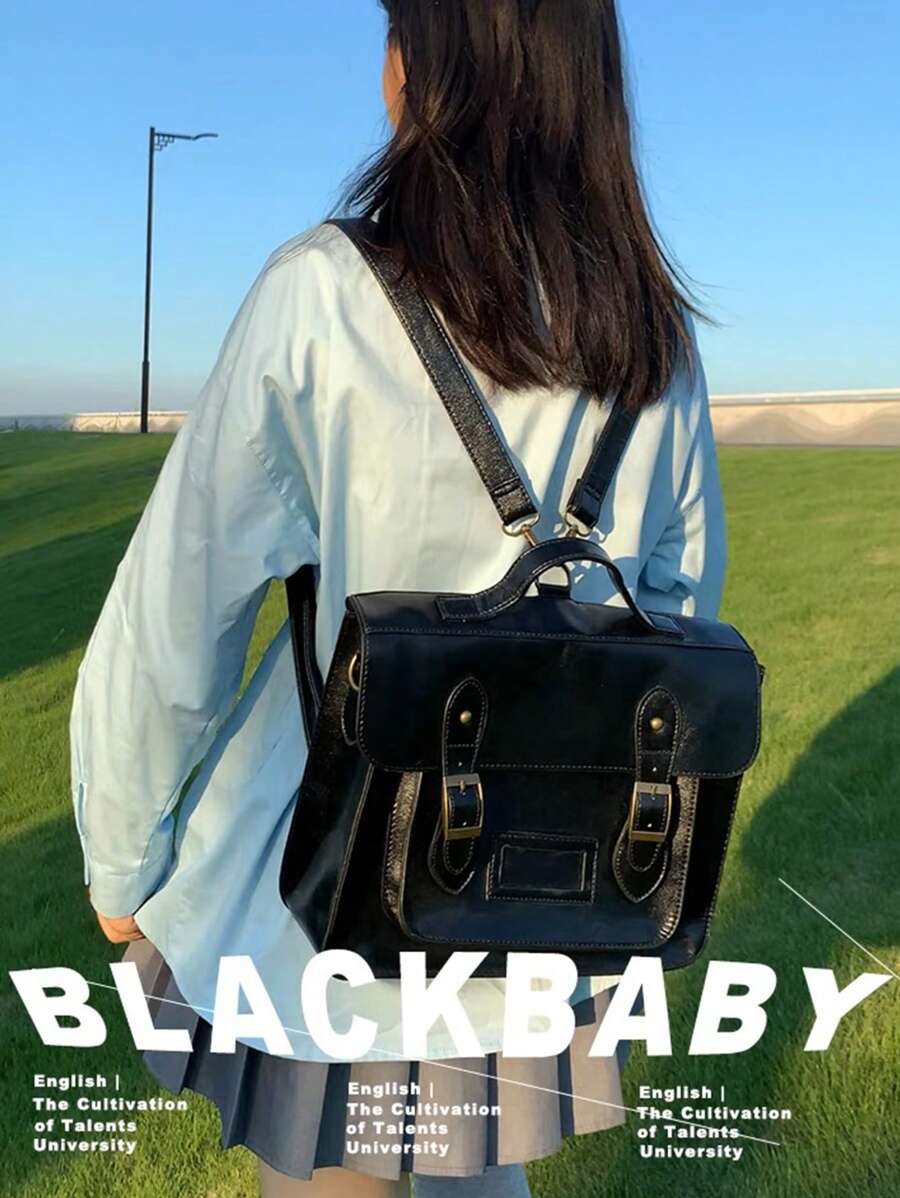 1pc PU Leather Solid Color Backpack Women, 2025 New Vintage English Style Fashion Multipurpose Rucksack College Tote Bag, Versatile Shoulder/Hand Carry, School Backpack
