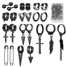 23入組黑色十字形耳環,男女不限,不銹鋼長鏈穿耳鈎耳環套裝,適用於中性朋克耳釘/環/吊墜耳環套裝 - 黑色 - 查看 1