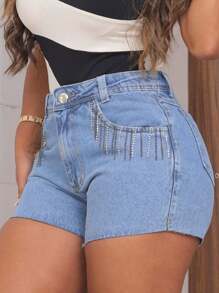 Women Denim Shorts - 中等水洗藍 - 查看 1