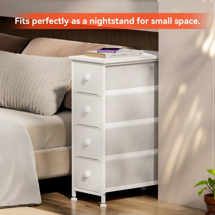 GINRGINR Narrow 4 Drawers Dresser For Bedroom, Narrow Storage Cabinet Dresser With 4 Fabric Drawers, Night Stand With  Wood Top, Steel Frame, Chests Of Drawers For Closet, Entry, Living Room, Nursery, Dorm, Small Spaces, 10'' W X 19.2'' D X 28.4''