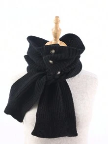 1條女士用100%羊絨編織的圍巾,帶鈕頸保暖器,純色,多功能,韓風,高端,保暖,柔軟,時尚的圍脖 - 黑色 - 查看 1