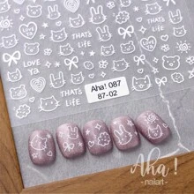 Nail Art Stickers With Back Glue, Doodle Cat & Cartoon Bunny & Bow & Butterfly Prints Decorations - White - View 1