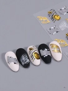 2张闪亮美甲贴纸，青铜色、金色、黑色线条和心形图案，3D立体贴纸，婚礼美甲，情人节美甲装饰，DIY美甲用品