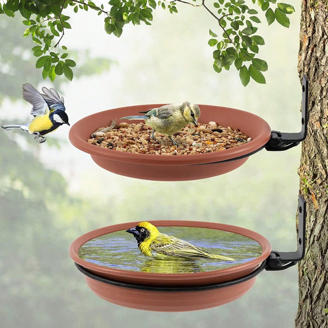 Bird Feeder Bath Tray Set With Outdoor Hanging Birdhouse Garden