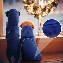 1pc Blue Dog Hooded Sweatshirt With Reflective Strip & Harness Hole, Soft & Warm Pet Clothes Suitable For Small/Medium/Large Dogs, For Autumn/Winter/Cold Weather/Spring - Blue - View 5