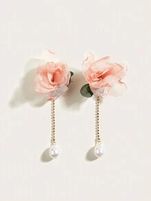 1對甜美風格網狀花朵&假珍珠吊墜耳環,適用於約會夜晚、派對或情人節 - 彩色 - 查看 3