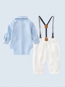 BOARNSEORL 2 件套男婴绅士服装套装，蓝色长袖衬衫配领结和工装裤，时尚帅气，适合生日派对、婚礼、周年庆典 - 藍色 - 查看 4