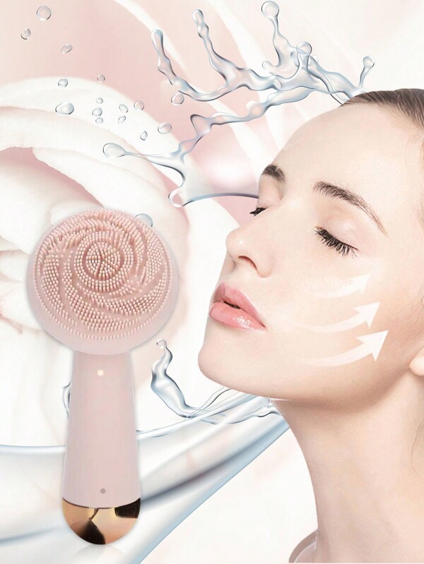 Electric Facial Cleaning Brush Face Exfoliator, 1pc Rotating Silicone Massaging Brush Head, Waterproof And Rechargeable Ultra Hygienic Face Scrubber Sonic Vibrating Spin Cleanser Device Skin Care Tool For Man & Women, Cleaning, Exfoliating And Massaging, Portable Home, School Supplies & Travel Stuff (Pink)
