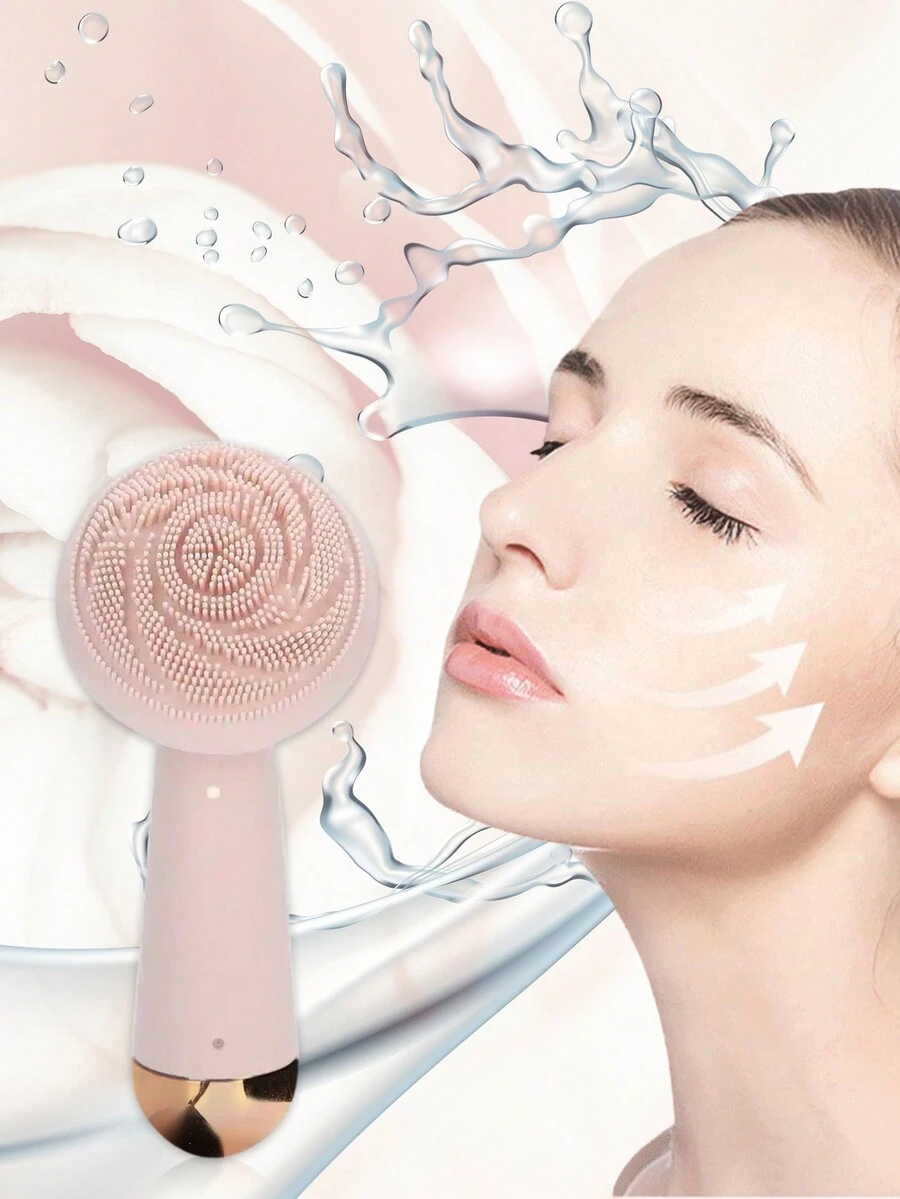 Electric Facial Cleaning Brush Face Exfoliator, 1pc Rotating Silicone Massaging Brush Head, Waterproof And Rechargeable Ultra Hygienic Face Scrubber Sonic Vibrating Spin Cleanser Device Skin Care Tool For Man & Women, Cleaning, Exfoliating And Massaging, Portable Home, School Supplies & Travel Stuff (Pink)