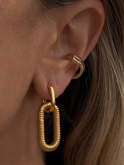 Uworld 1pair Bold 18k Gold-plated Stainless Steel Chain Design Earrings, High-end Fashion Ear Jewelry For Parties