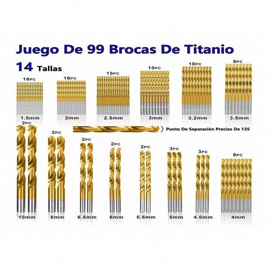 99件附不同尺寸hss鑽頭的扭力鑽頭組,可鑽穿金屬,木材,塑料,適用於各種鑽孔過程,有助於清理碎屑並減少摩擦與產生熱量,更可保證鑽頭的快速與便捷更換,適用於各種場景 - 金色 - 查看 1