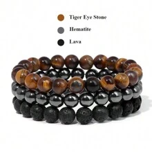 3入/套8mm天然石彈力珠靈石手環組合,包含玫瑰若石、玫瑰水晶、紫晶、黑曜石、赤鐵礦,用於瑜伽、冥想和放鬆 - 彩色 - 查看 21