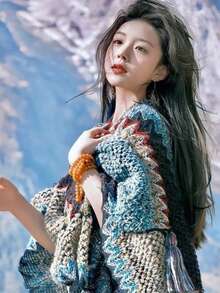 1件女性多色針織披肩,混搭披風披肩附流蘇圍巾,適用於度假裝扮 - 彩色 - 查看 3