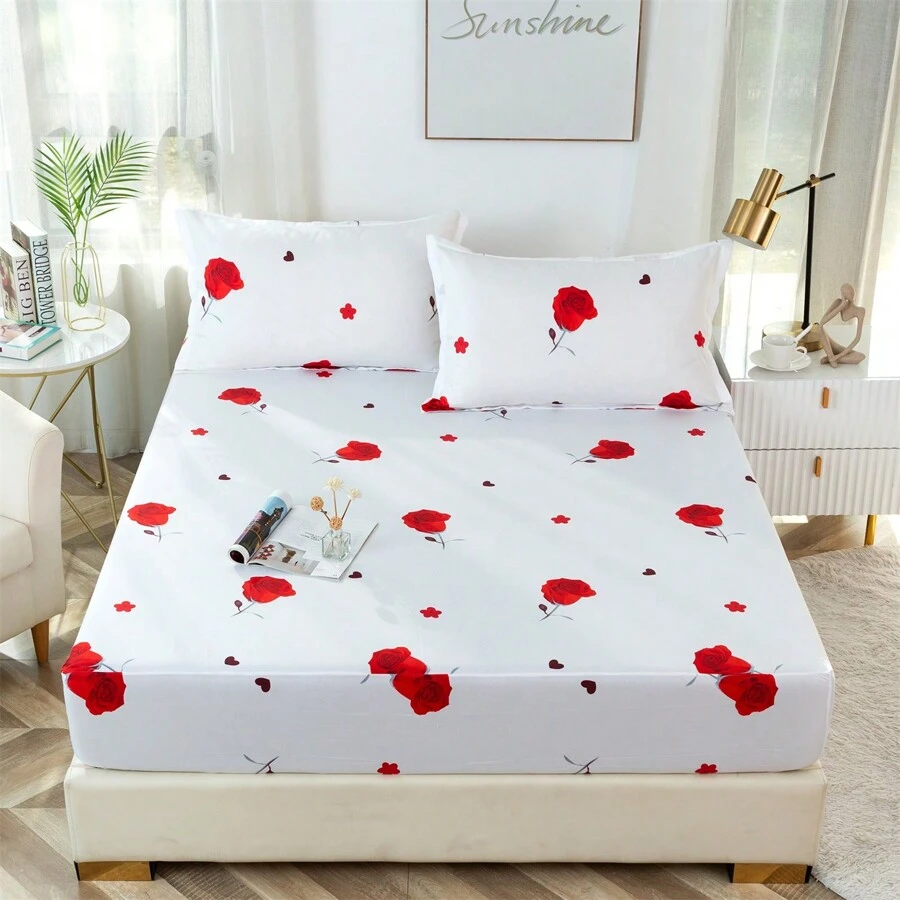 3入組數字印花聚酯彈性帶床上用品套裝(1床墊套、2枕套) - 玫瑰 - 查看 1