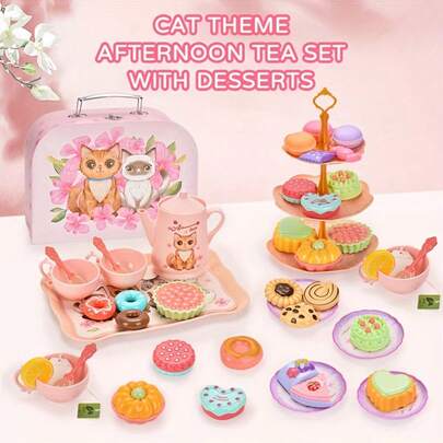 46pcs Cat Themed Tea Party Set For Little Girls, Princess Pretend Play Tea Set Including Plastic Tableware, Desserts & Cakes, Handbag, Children Role Play Toys, Great For Easter, Birthday, Christmas, Halloween Gifts