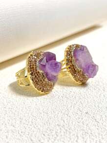 1pc Adjustable Gold Plated Ring With Asymmetric Clay Design, Natural Purple Crystal Cluster And Inlaid Rhinestone - Multicolor - View 1